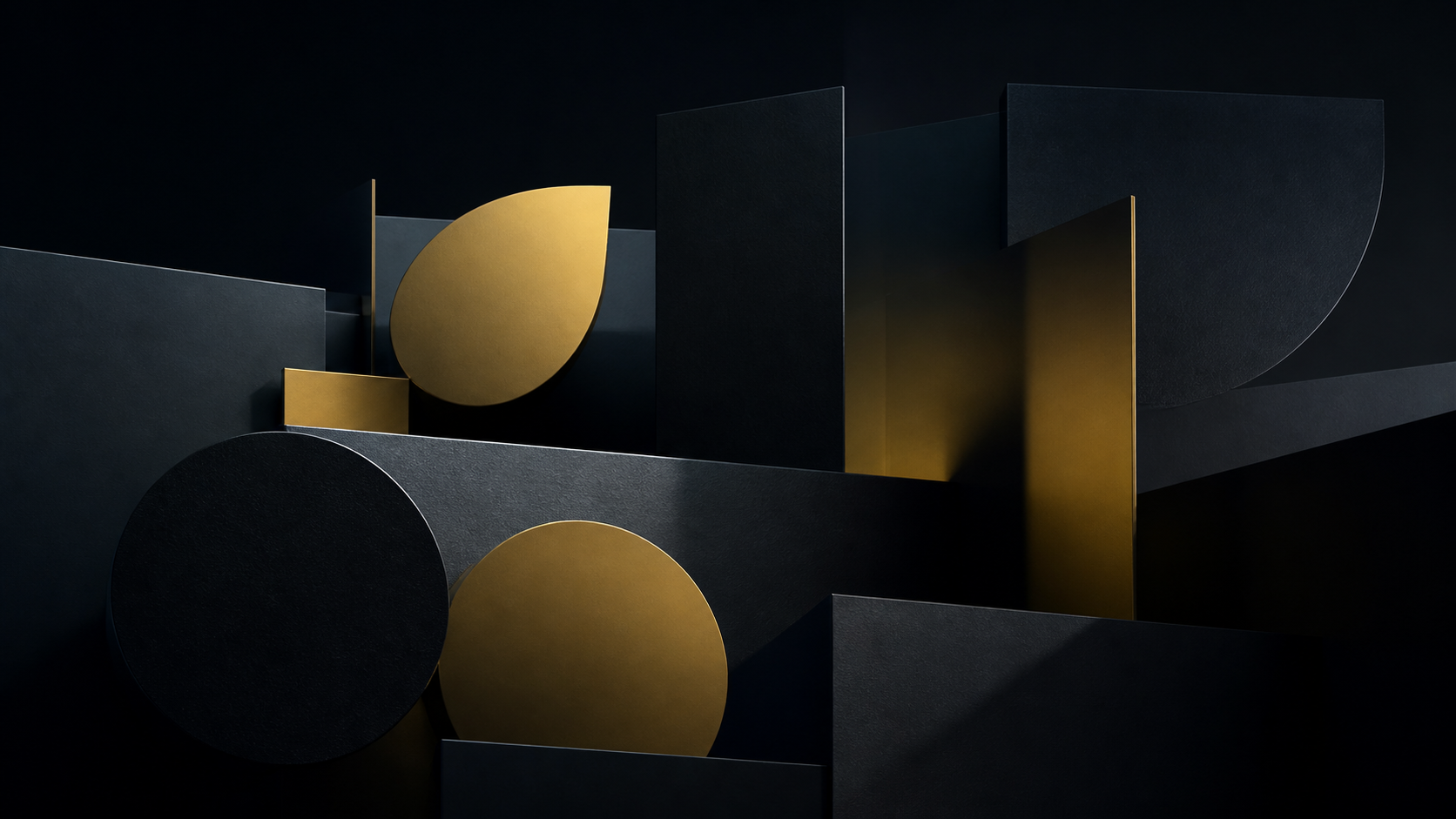 Sculptural composition of black and gold geometric forms